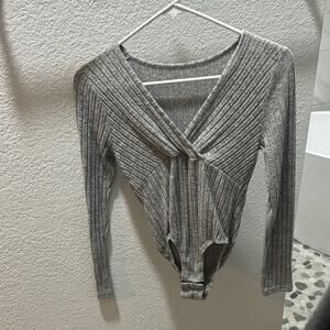 SHEIN Gray Ribbed Tie Front Bodysuit